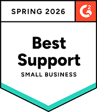A badge reading Best Support Small Business with the G2 logo in the top right corner. The badge has a white background and a teal accent at the bottom.