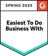 Shield-shaped badge with at the top and the G2 logo in the corner. Center text reads, Easiest To Do Business With in bold black letters on a white background.