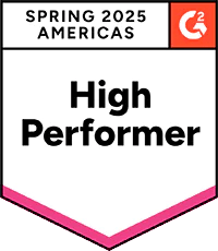 Badge with Americas at the top, the G2 logo in the corner, and High Performer in bold black text in the center above a pink underline.