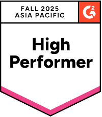 A badge labeled High Performer Asia Pacific at the top and a G2 logo in the corner. The bottom edge has a pink accent.