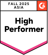 Badge with text: ASIA and High Performer, featuring the G2 logo in the top right corner. The badge has a pink line along the bottom edge.