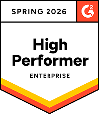 G2 badge with High Performer Enterprise in bold black text in the center, over a white background with yellow, orange, and red stripes at the bottom.