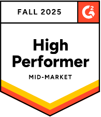 A badge labeled G2 with the title High Performer Mid-Market in black text, featuring red, orange, and yellow stripes at the bottom.