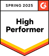 A badge with the text High Performer and the G2 logo in the top right corner, featuring red and yellow stripes at the bottom.