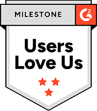 Shield-shaped badge with the title Milestone at the top, the G2 logo in the upper right, and bold text reading Users Love Us above three red stars.