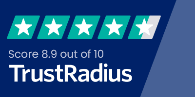 TrustRadius rating graphic showing 4.5 out of 5 stars and the text Score 8.9 out of 10 TrustRadius on a blue background.