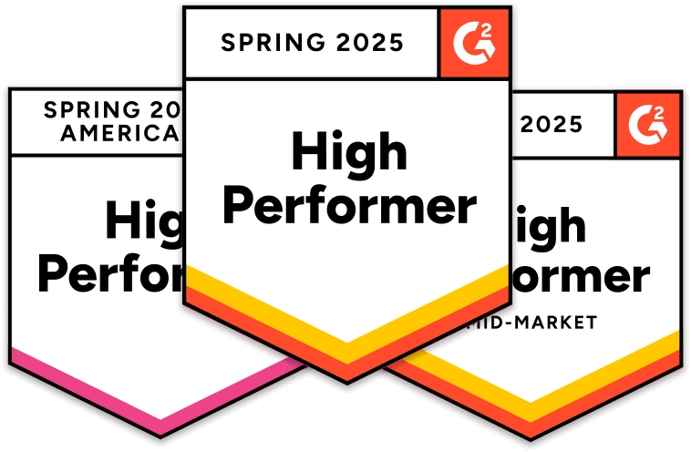A collection of white and orange labels featuring text that includes "SPRING 2025," "SPRING 20," "AMERICA High," "2025 High Performer," and "Mid-Market." The labels showcase different fonts and styles.
