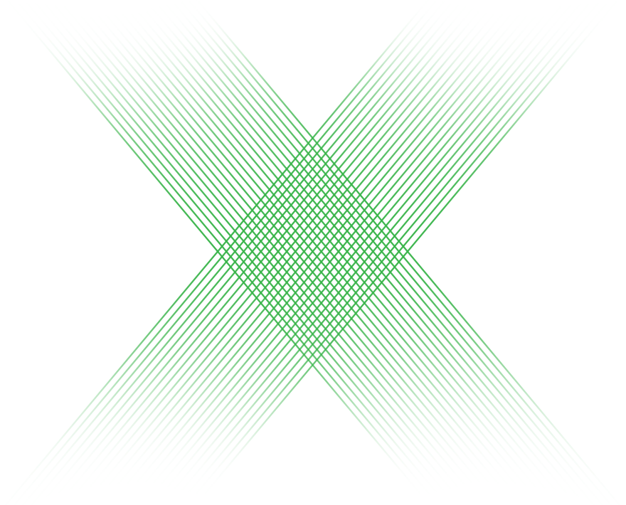 Green diagonal lines intersect to form an X shape on a white background, creating a dense, crisscrossed pattern at the center where the lines overlap.