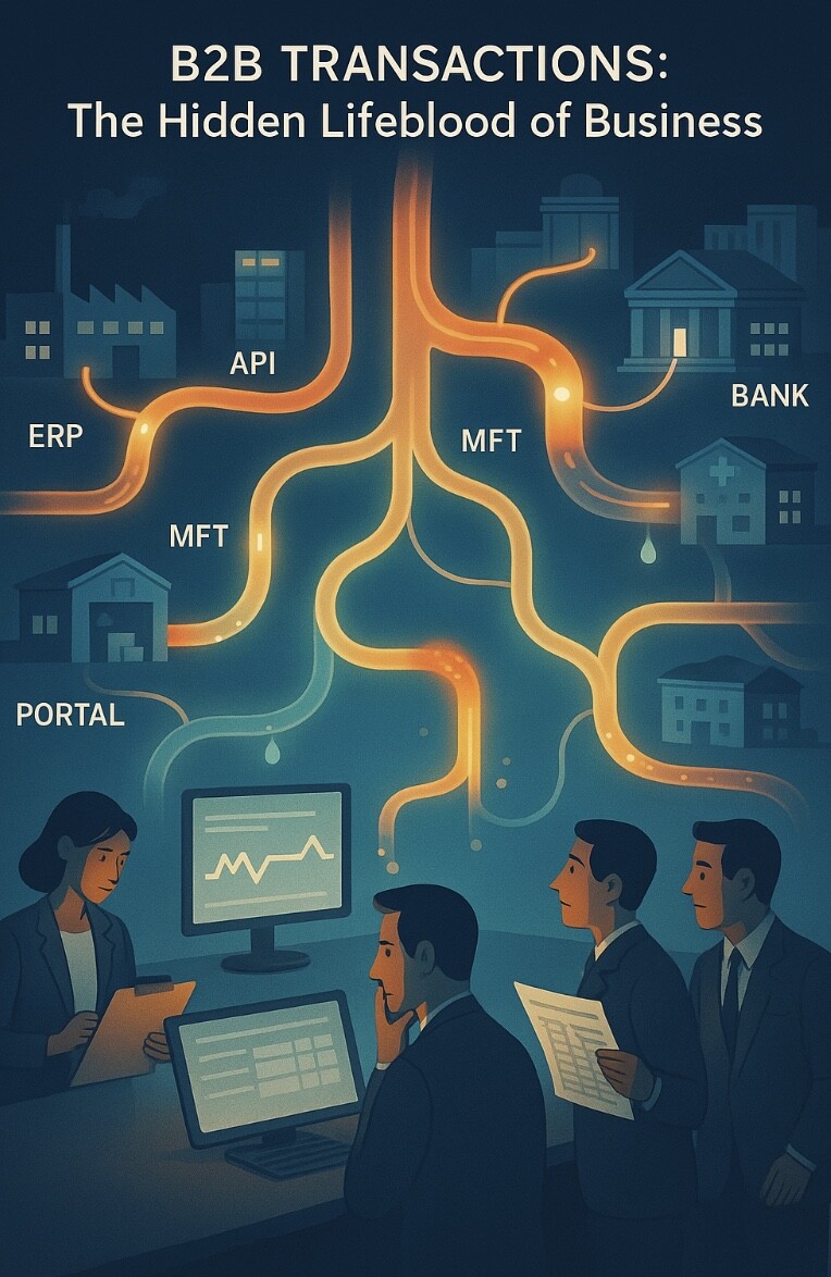 Illustration of business professionals at computers analyzing data, with glowing pathways connecting icons labeled ERP, API, BANK, MFT, and PORTAL, symbolizing B2B transactions as vital business connections.