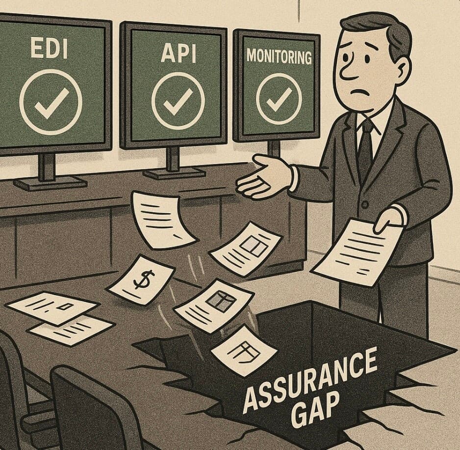 A worried man stands by three monitors labeled EDI, API, and Monitoring, all checked, as documents fall into a large hole in the floor labeled Assurance Gap.