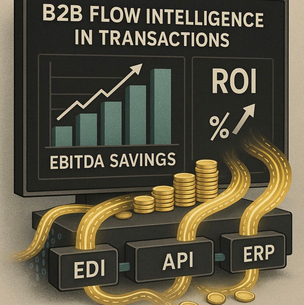 An illustration showing a chart labeled B2B Flow Intelligence in Transactions with bars labeled EBITDA savings, an ROI percentage symbol, coins, and three flowing golden paths labeled EDI, API, and ERP leading to the chart.