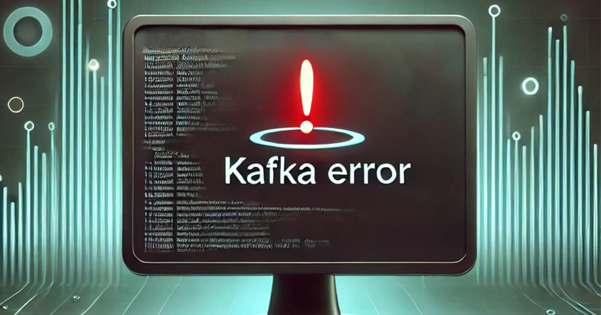 A computer screen displays a large red exclamation mark above the words Apache Kafka® error, with code lines in the background and digital visual elements surrounding the monitor.