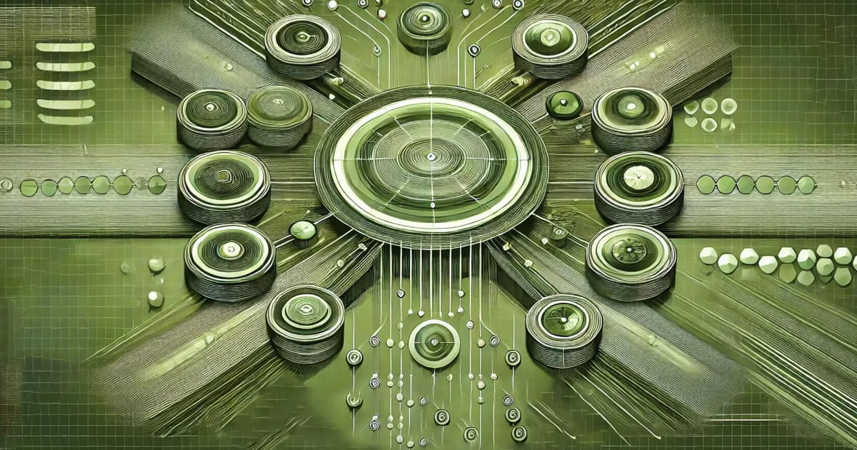 Abstract digital artwork of a central circular hub with radiating lines and surrounding discs, resembling a futuristic circuit board, all in varying shades of green.