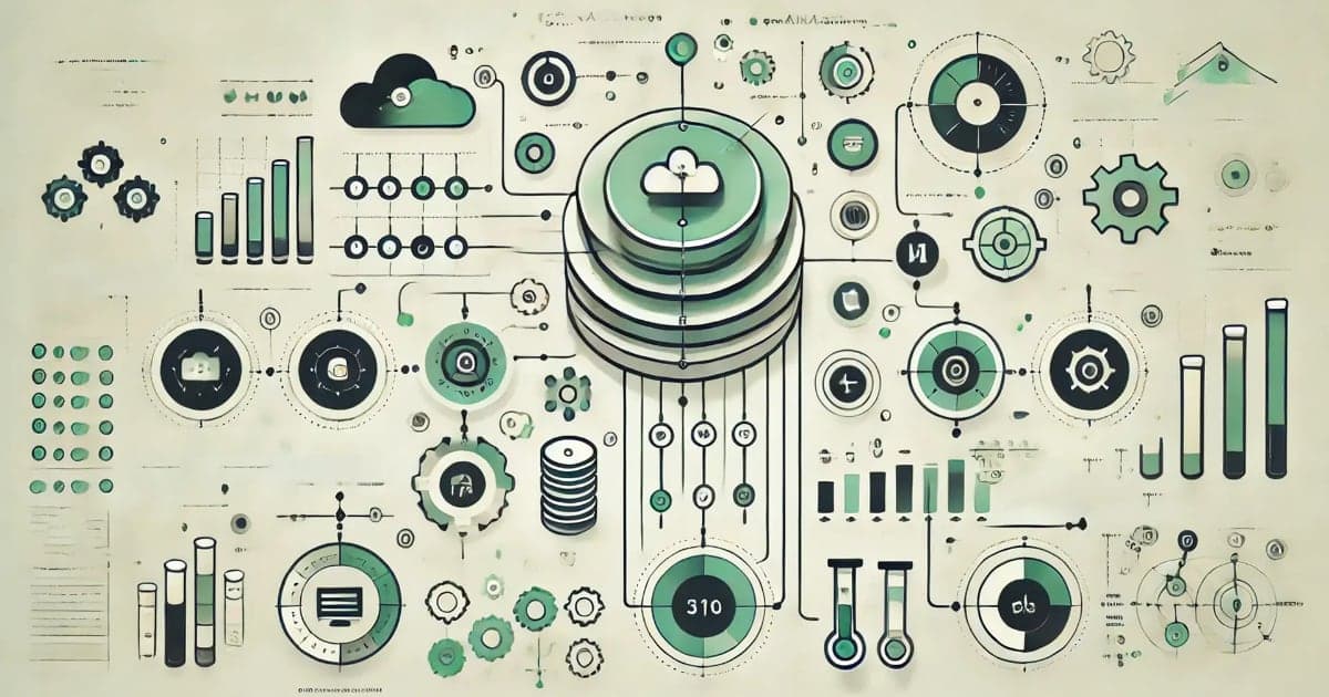 A data visualization with charts, graphs, gears, and cloud icons in green and black, illustrating concepts like cloud computing, data storage, and analytics on a light background.