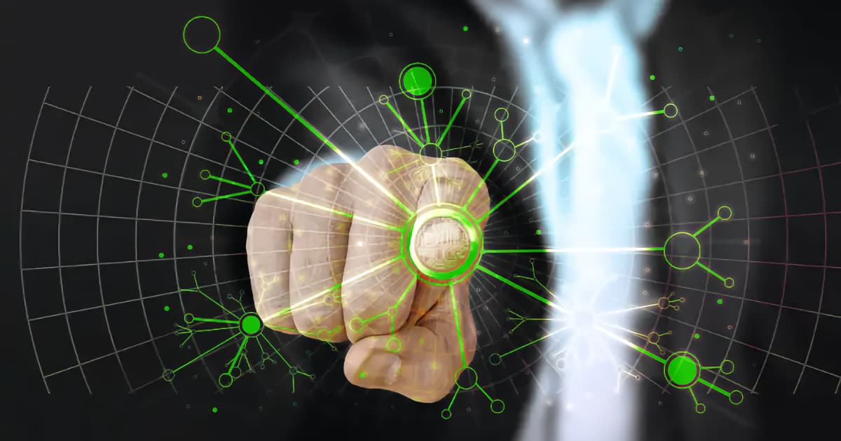 A person in a suit points at a digital interface with green circular patterns and connecting lines, suggesting technology, innovation, or data interaction.