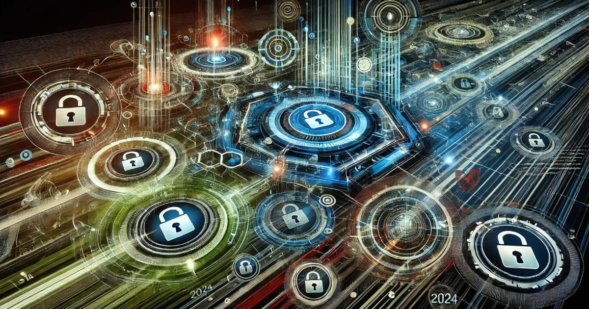 A futuristic digital network with multiple padlock icons, representing cybersecurity and data protection, connected by glowing lines and circuitry patterns. The year 2024 is visible among the technological graphics.