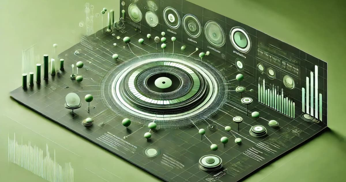 A futuristic, green-toned digital dashboard displays data charts, graphs, and circular infographics with 3D elements and various analytic visuals, depicting advanced data analysis and technology.