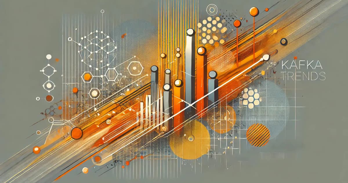Abstract digital art showing colorful data bars, geometric shapes, and lines on a gray background with orange, yellow, and white highlights. The text KAFKA TRENDS appears on the right side.