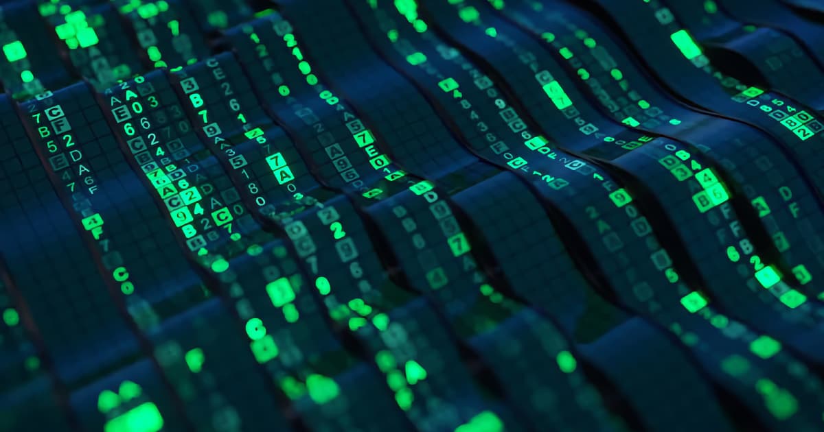 A digital illustration shows glowing green and blue numbers, letters, and symbols on wavy, grid-like surfaces, creating a futuristic, abstract representation of data or computer code.
