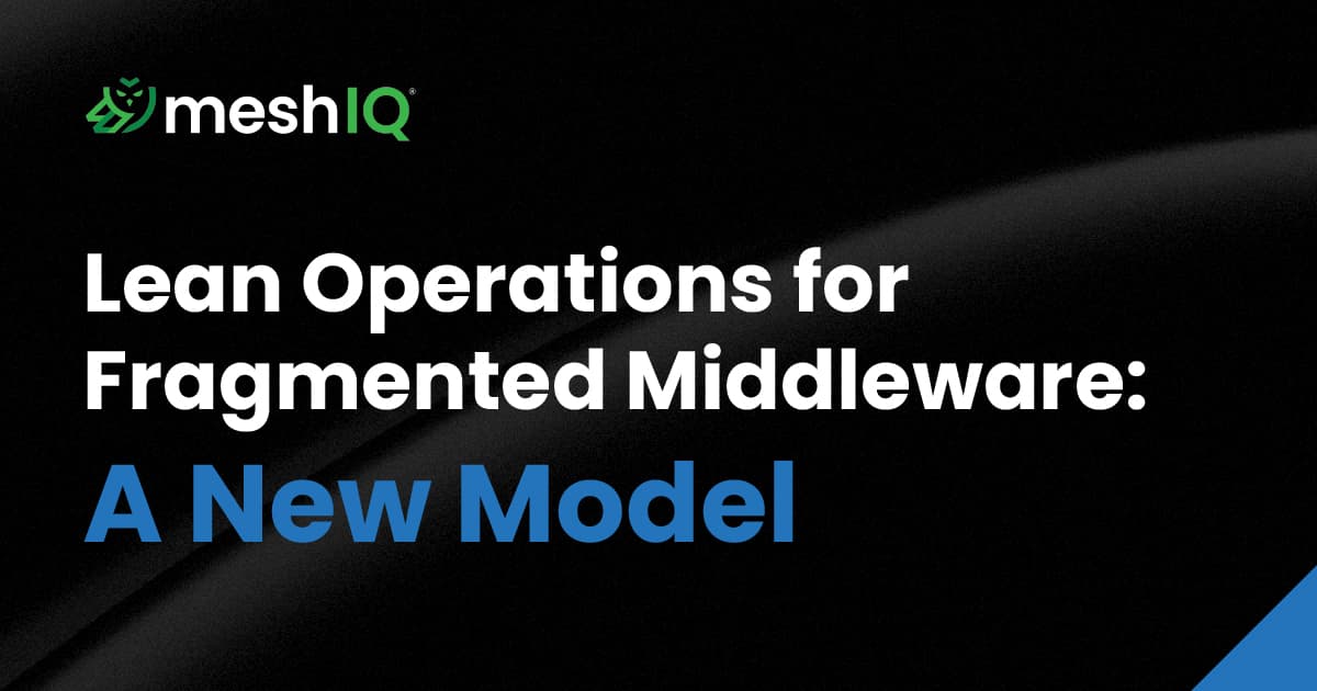 Black background with the meshIQ logo and text: “Lean Operations for Fragmented Middleware: A New Model.” The phrase “A New Model” is highlighted in blue.