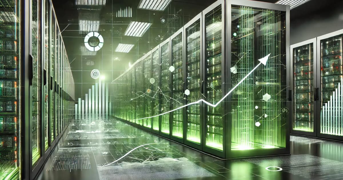 A modern server room with rows of glowing green server racks, overlaid with digital graphics of charts, graphs, and an upward-pointing arrow, symbolizing data growth and technological progress.