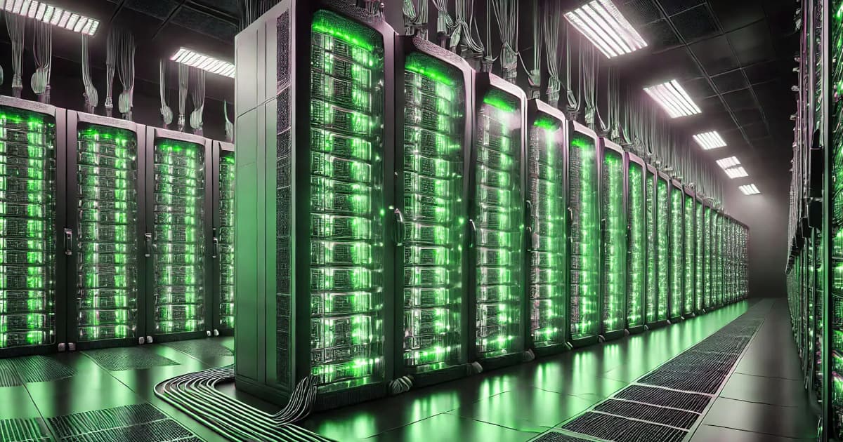 A large, modern data center with rows of server racks glowing with green lights, cables organized above, and bright ceiling lights illuminating the reflective floor.