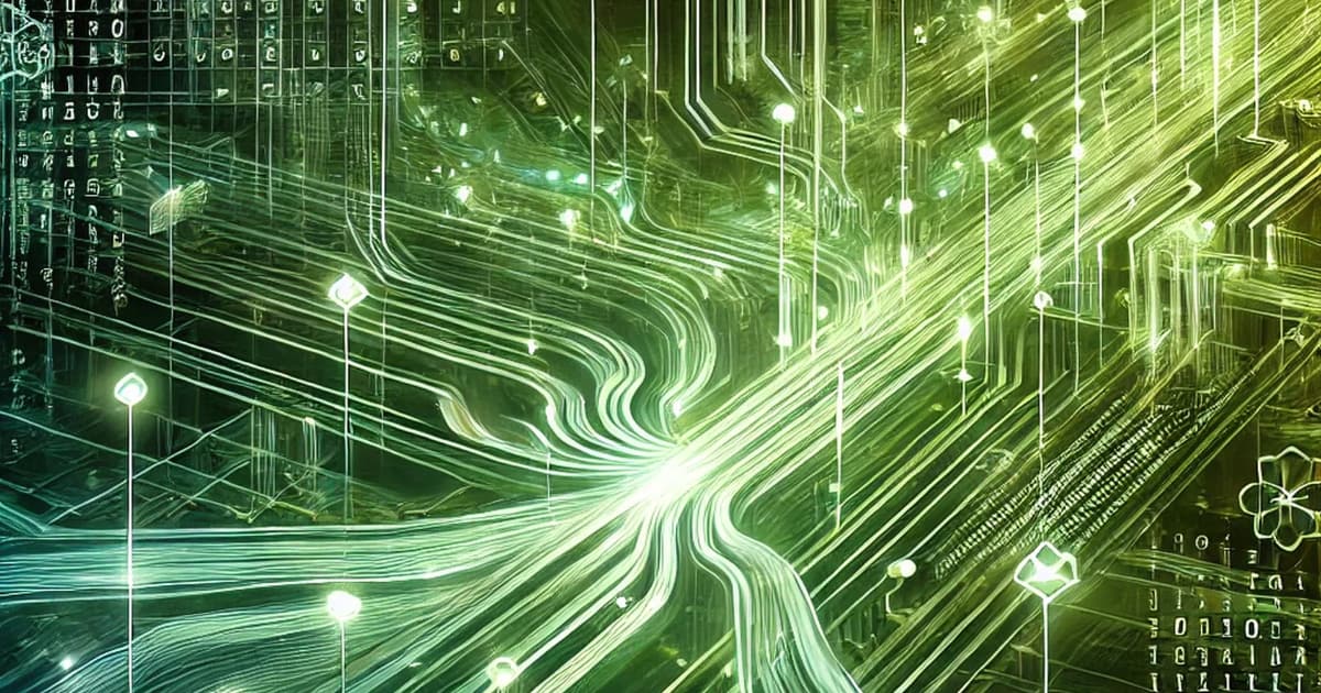 Abstract digital artwork featuring glowing green and yellow lines resembling circuit pathways and data streams, set against a dark background with geometric shapes and binary code, evoking themes of technology and connectivity.