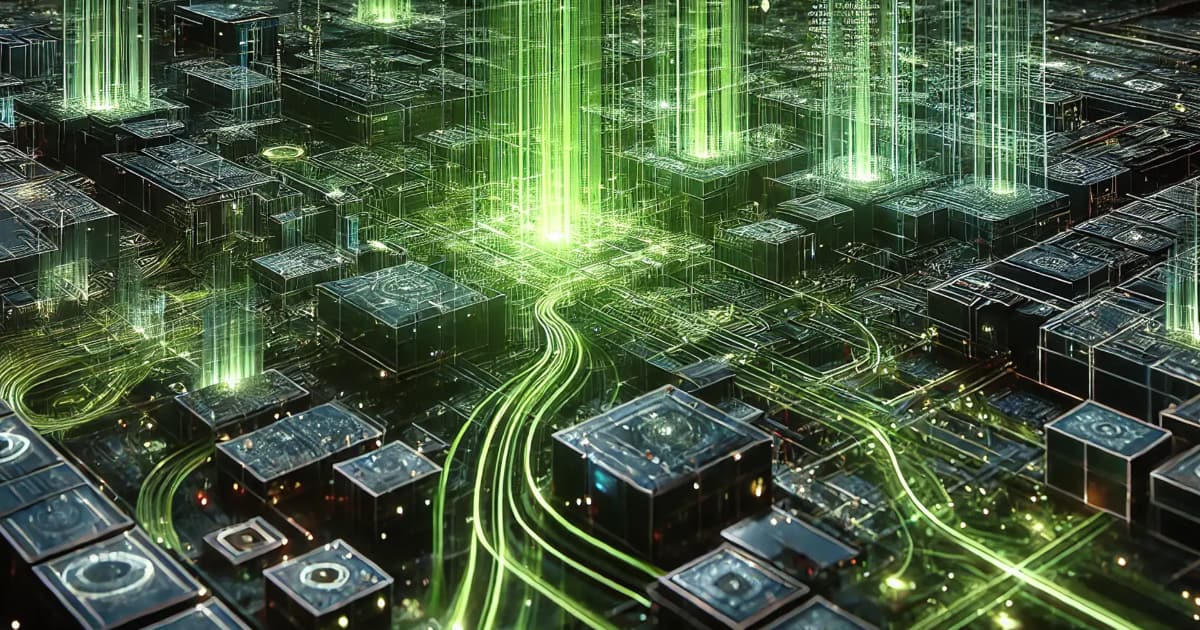 A digital illustration showing a futuristic circuit board with glowing green lines and light beams connecting various components, symbolizing advanced technology and data flow.