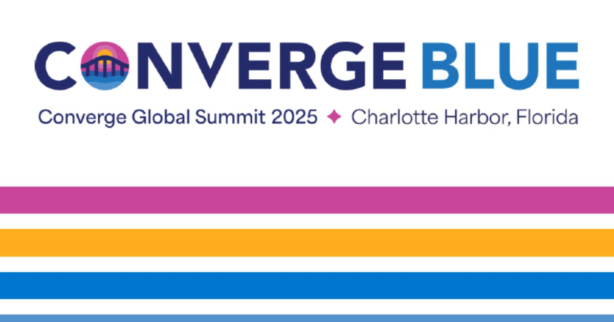 Logo for CONVERGE BLUE, Converge Global Summit 2025 in Charlotte Harbor, Florida. Text is above colorful horizontal stripes in pink, yellow, blue, and orange. The letter “O” contains a sunset over a bridge.