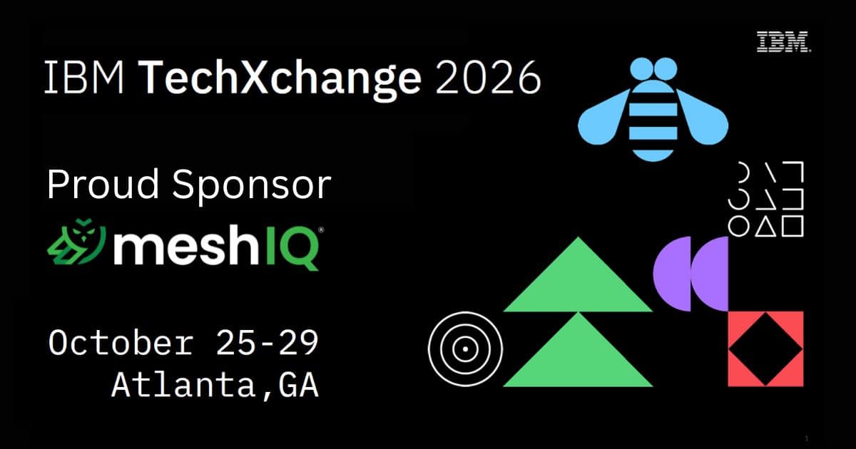 IBM TechXchange 2026 event banner with meshIQ as a proud sponsor, held October 25-29 in Atlanta, GA. The design features IBM and meshIQ logos, geometric shapes, and decorative icons.