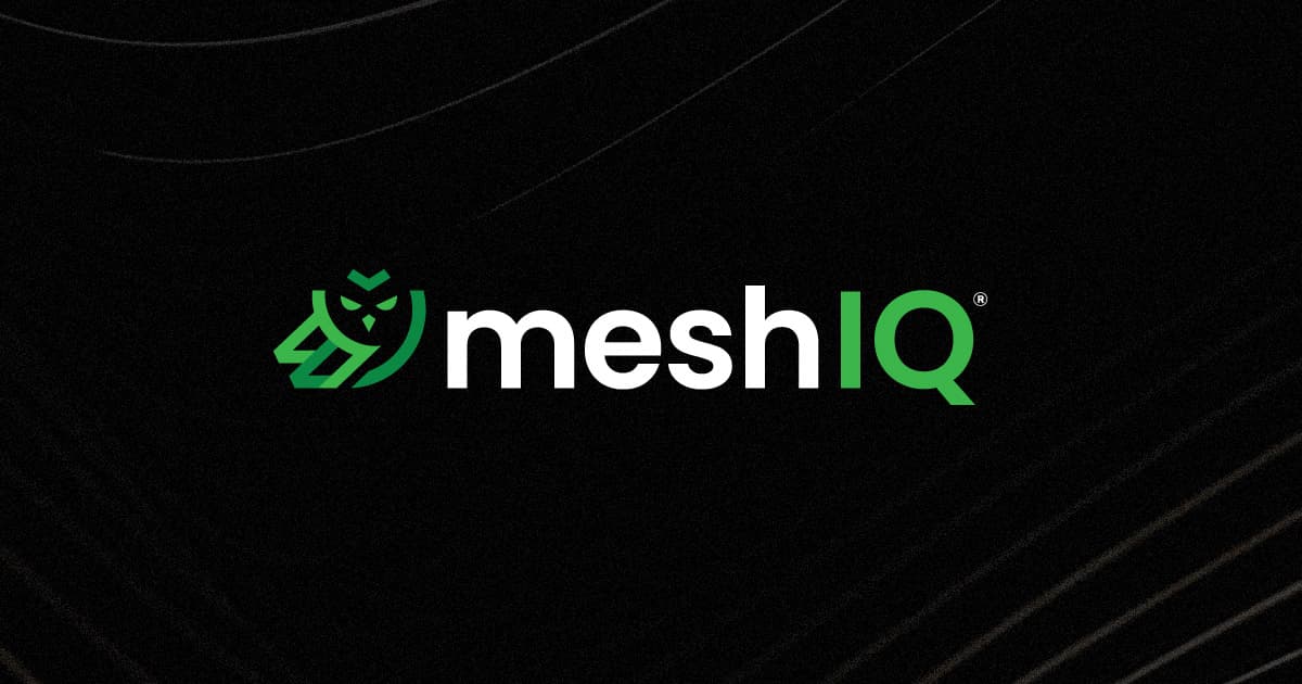 Logo for meshIQ on a black background. The word mesh is in white, IQ is in green, and there is a green geometric owl graphic to the left of the text.