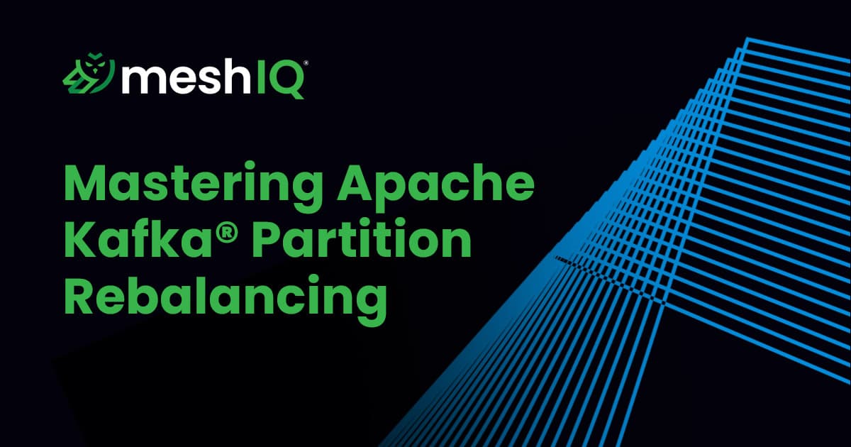 Dark background with green and blue text reading meshIQ Mastering Apache Kafka® Partition Rebalancing, accompanied by blue diagonal lines forming a geometric pattern on the right side.