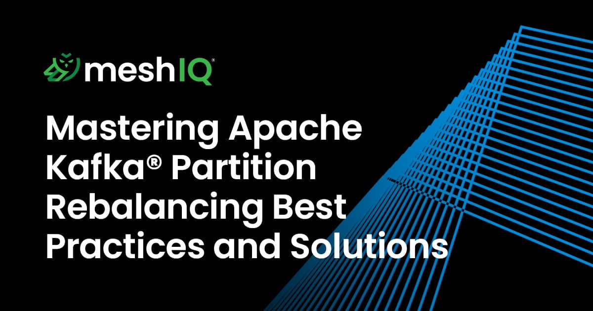 A promotional graphic for meshIQ with the text: Mastering Apache Kafka Partition Rebalancing Best Practices and Solutions on a black background with blue geometric lines on the right.