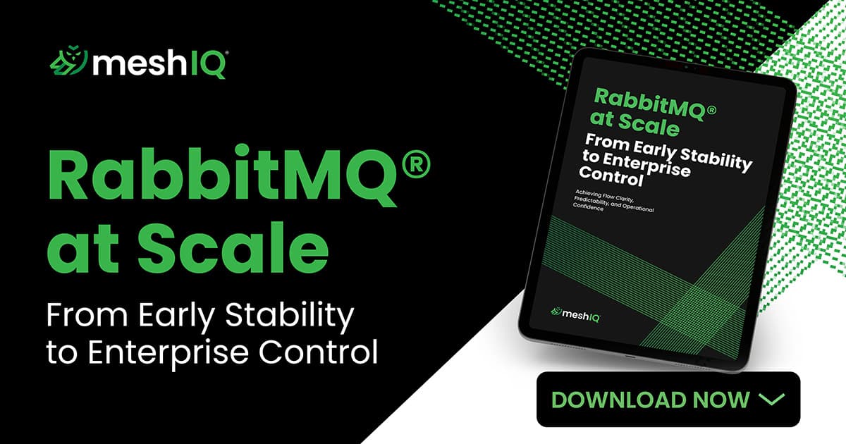 Promotional graphic for meshIQ featuring a digital booklet titled RabbitMQ at Scale: From Early Stability to Enterprise Control with a green Download Now button on a black and green dotted background.