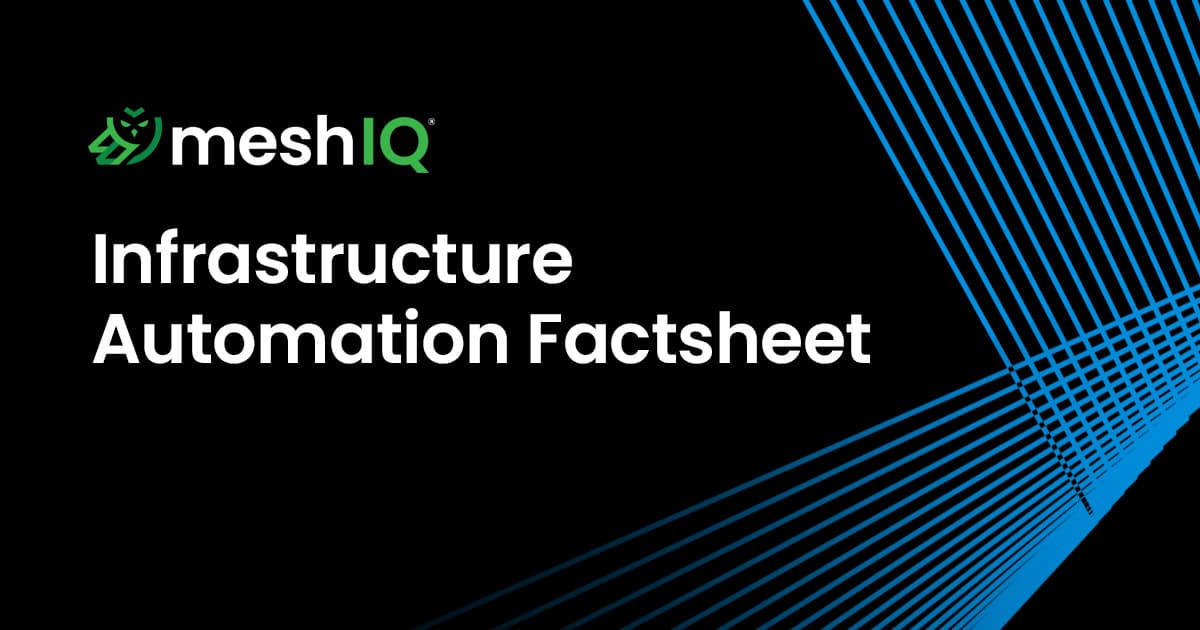 MeshIQ Infrastructure Automation Factsheet title on a black background with blue diagonal lines on the right.
