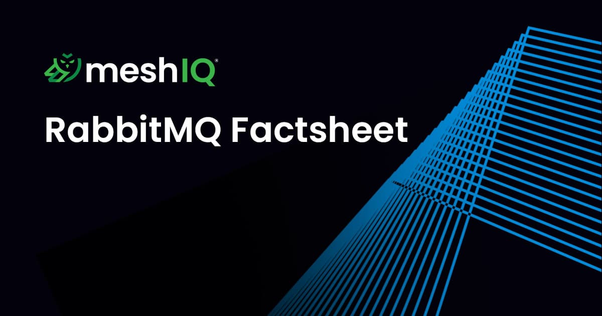 MeshIQ RabbitMQ Factsheet text on a dark background with blue diagonal lines on the right side.