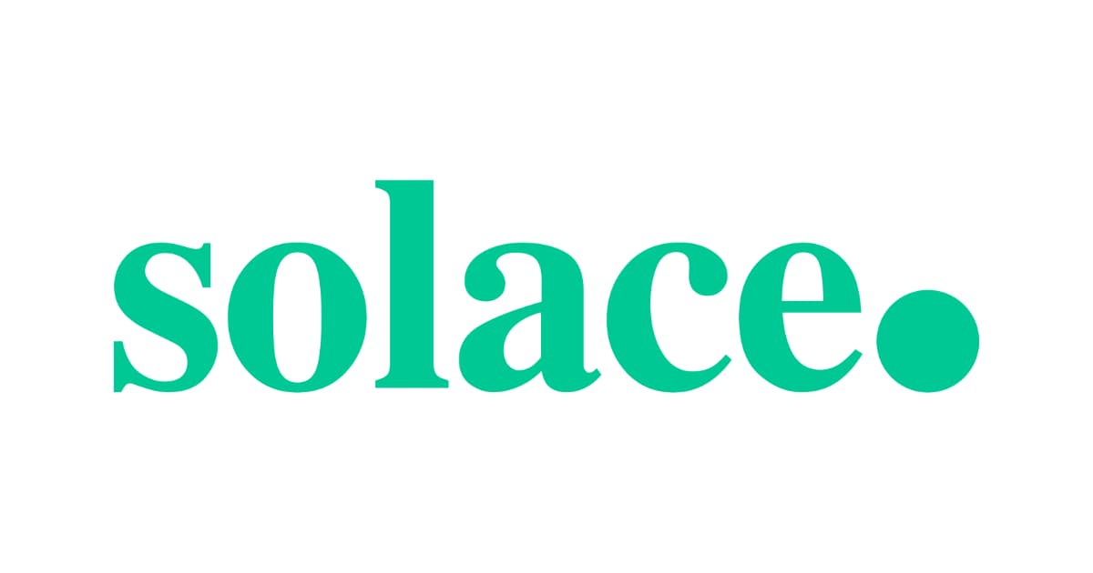 Green lowercase text solace in a bold serif font, with a large green dot at the end, on a plain white background.