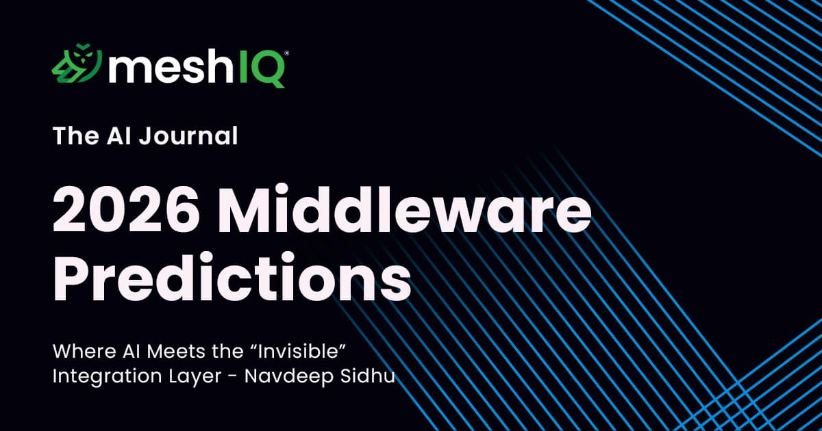A graphic titled 2026 Middleware Predictions by meshIQ and The AI Journal, with the subtitle Where AI Meets the Invisible Integration Layer – Navdeep Sidhu on a dark background with diagonal blue lines.