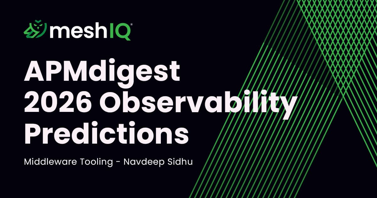 MeshIQ logo and branding with text: APM Digest 2026 Observability Predictions - Middleware Tooling - Navdeep Sidhu on a dark background with green diagonal lines on the right.