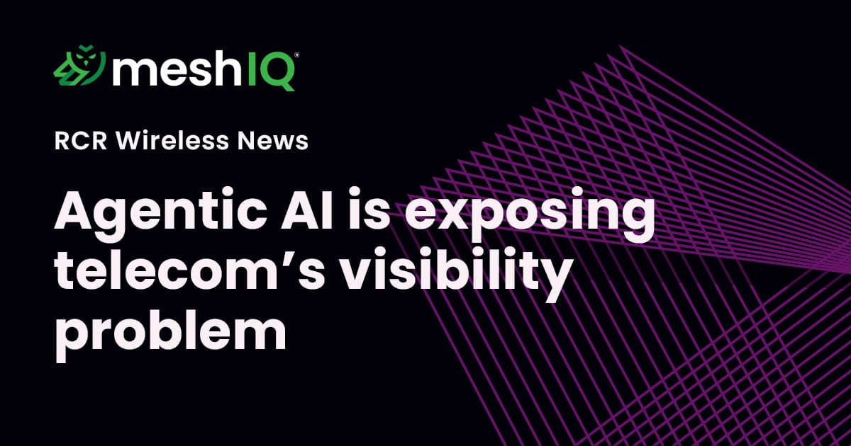A black background with white text reading “Agentic AI is exposing telecom’s visibility problem” and the meshIQ logo in the top left, with purple geometric lines on the right.