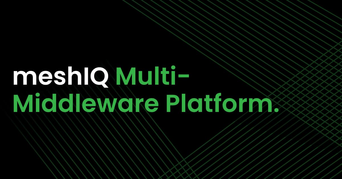 White and green text on a black background with diagonal green lines reads: meshIQ Multi-Middleware Platform.