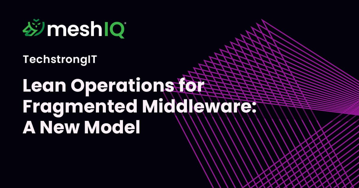 Black background with meshIQ logo, white text reading TechstrongIT Lean Operations for Fragmented Middleware: A New Model, and purple intersecting lines forming a geometric pattern on the right.