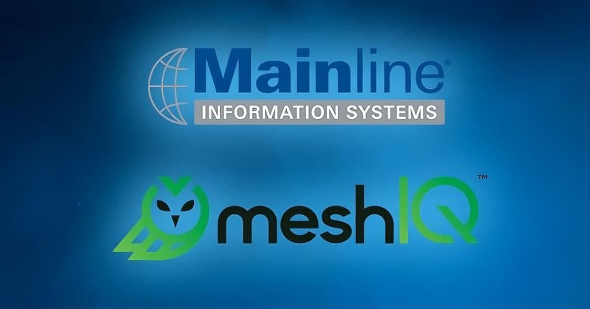 Logos of Mainline Information Systems and meshIQ on a blue gradient background, with Mainlines logo featuring a globe and meshIQs logo including a stylized green owl.