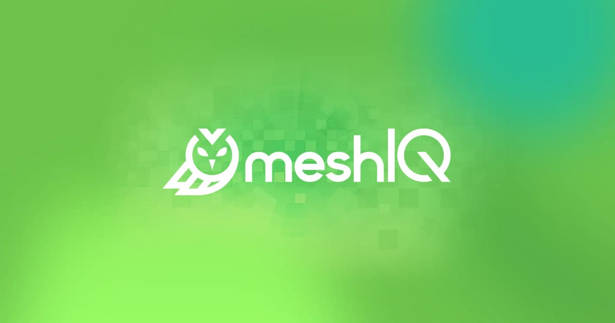 White meshIQ logo with a stylized owl on a green gradient background with faint square patterns.
