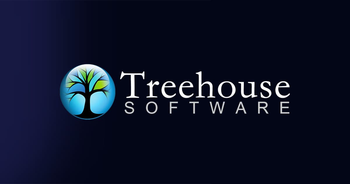 Treehouse Software logo on a dark navy background: a stylized black tree in a blue-green circular emblem beside white lettering, conveying a polished, calm tone.
