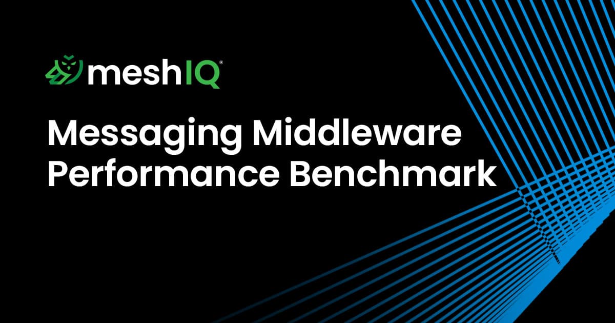 Black background with blue diagonal lines on the right. The meshIQ logo and name appear in green and white, with the text: Messaging Middleware Performance Benchmark in bold white letters.