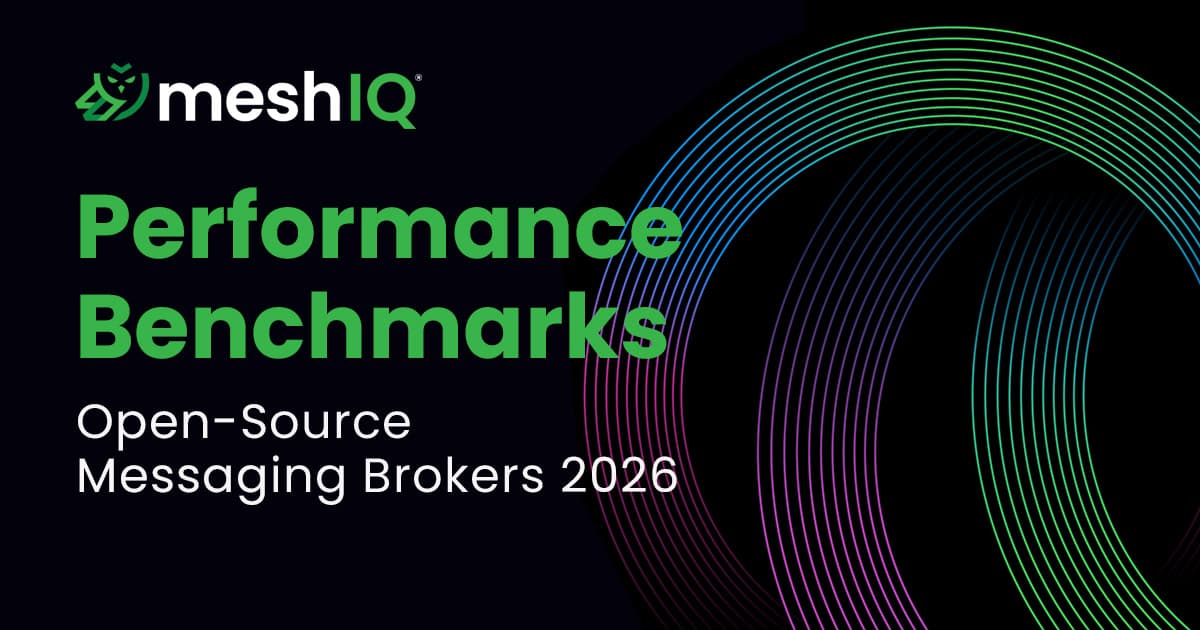 MeshIQ Performance Benchmarks: Open-Source Messaging Brokers 2026 text on a black background with overlapping colored rings on the right side.