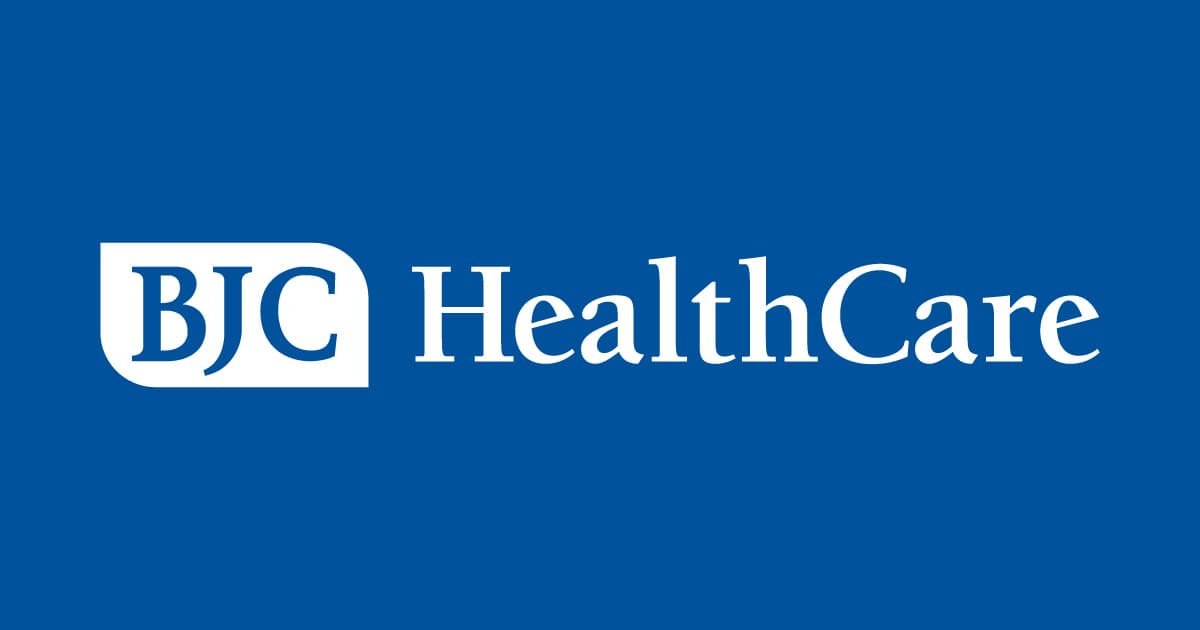 BJC HealthCare logo in white text on a blue background, with BJC inside a rounded rectangle and HealthCare written beside it.