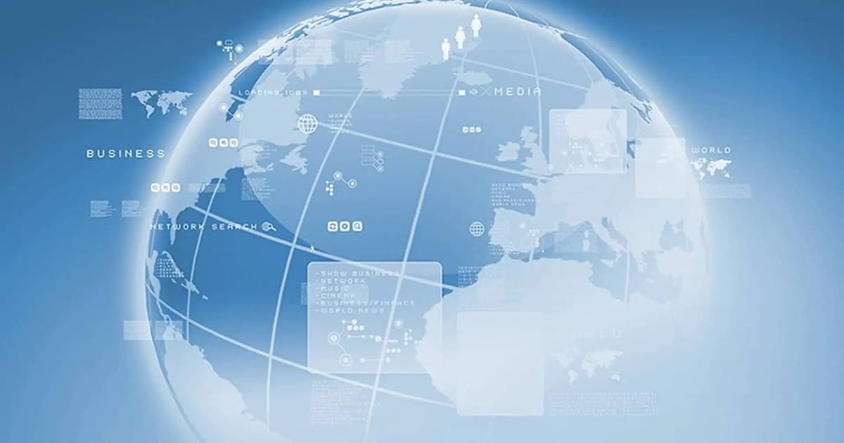 A digital illustration of a translucent globe with network lines, icons, and data graphics overlaid, representing global connectivity and technology, with a blue gradient background.