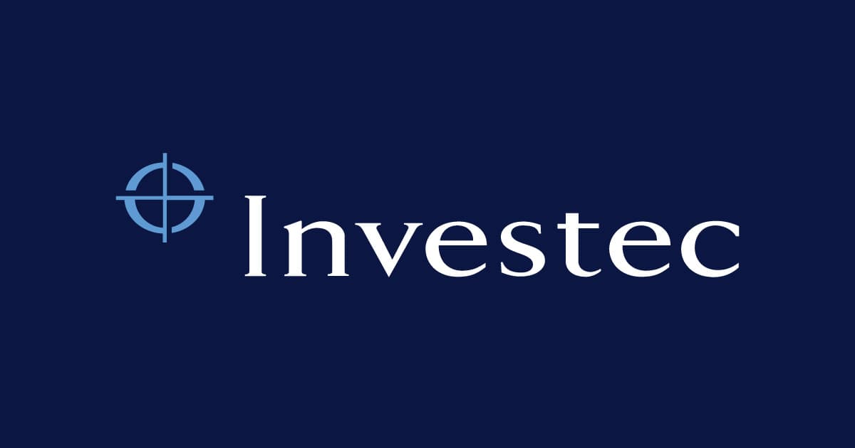 The image shows the Investec logo with a blue circular emblem on the left and the word Investec in white text on a dark blue background.